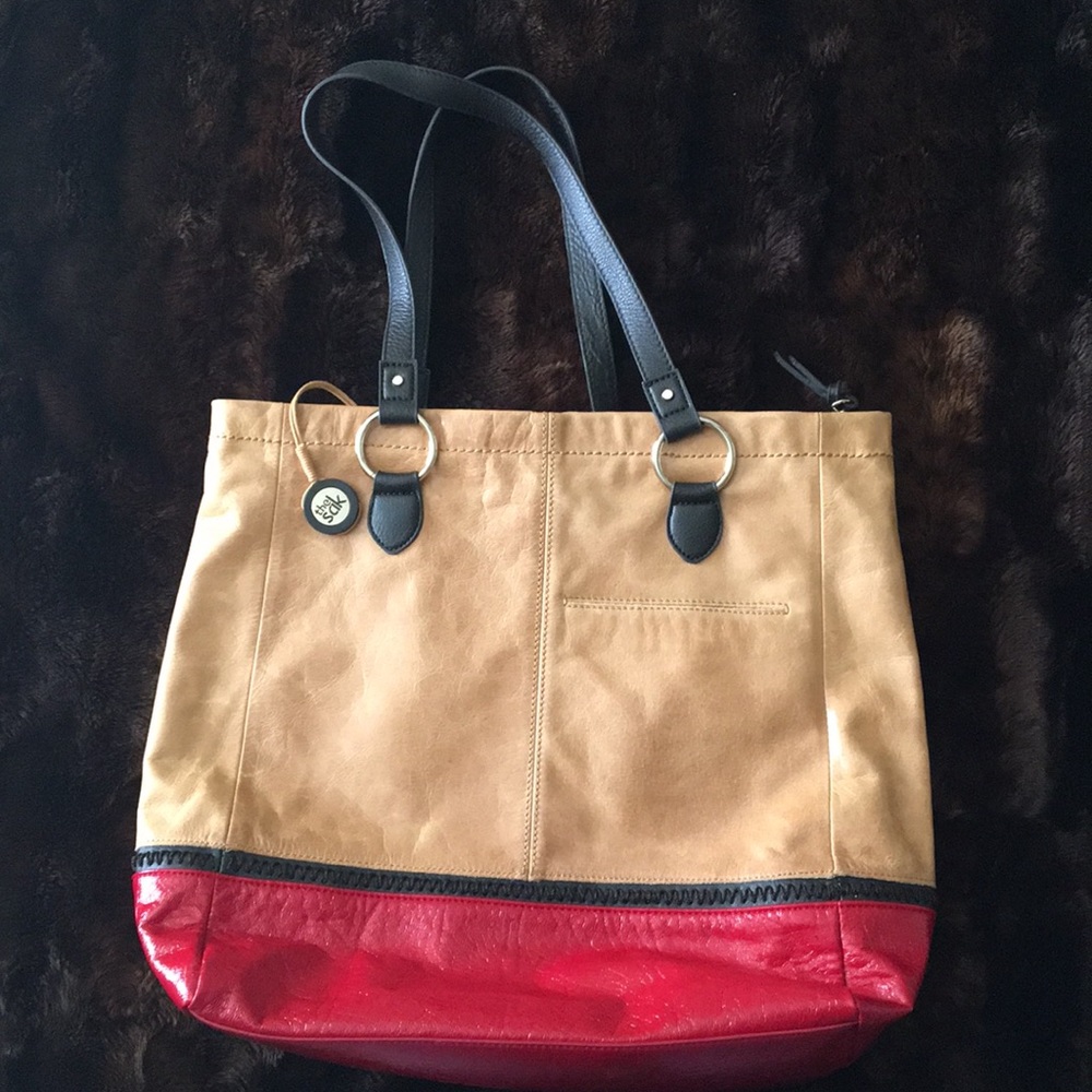Tan & red leather shoulder bag